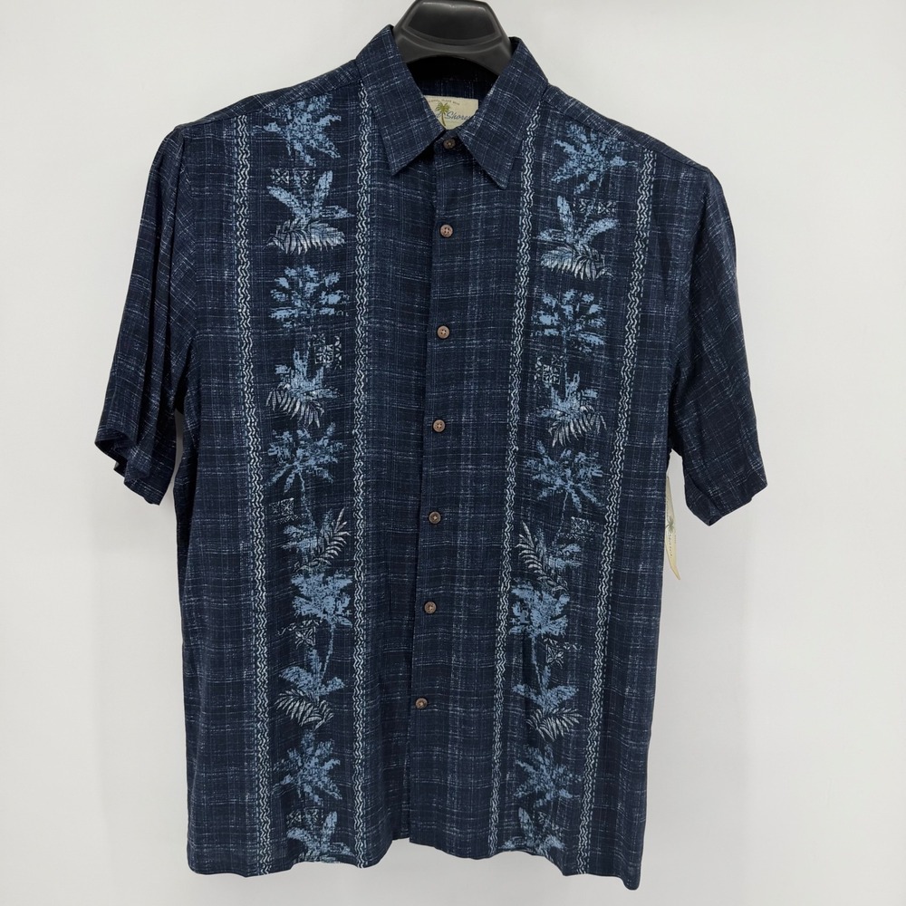 Island Shores Shirt Mens Medium Navy Blue Panel Tropical Palm Tree Aloha Rayon